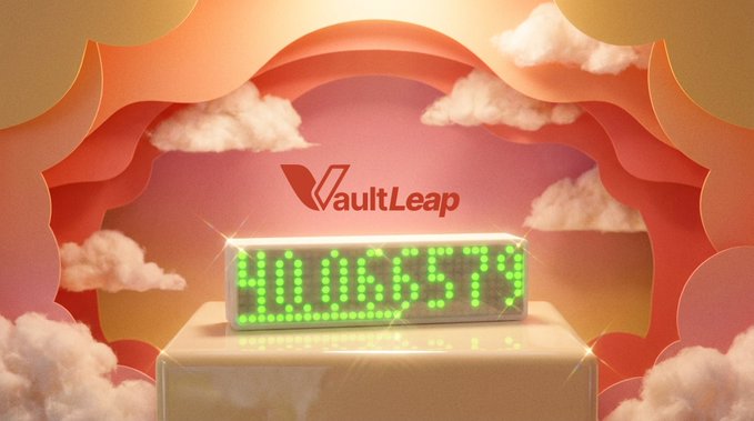 The image features a large number display board set against a backdrop of clouds and a pink and orange gradient effect. The digital clock displays the time "10:05", and there's a Vaux Leap logo at the top right corner. Below the display, the phrase "Love this physical LED display by @Vaultleap" is written in green text. The background appears to be a blend of clouds and colors from the gradient effect, with the word "Vaultleap" standing out prominently. Additionally, an email address '@aave' can be seen on the image.