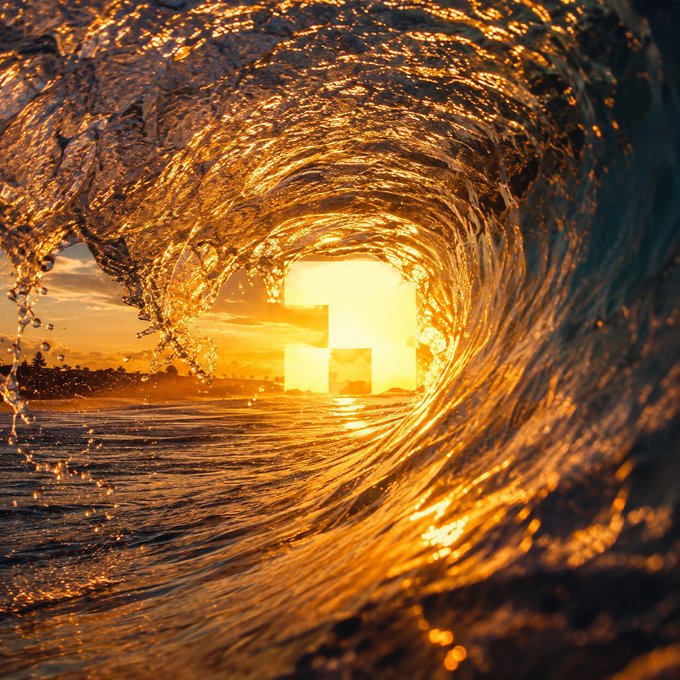 A golden sunset viewed through the barrel of a curling ocean wave, with pixelated artifacts visible in the center of the sun.
