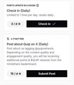 Pixelated text reading 'FART updated to include ID' with instructions to check in (body), 'Check in (body, 1 hour per day, mode daily)', and post about Fart on X (body) with a 'Submit Post' button.