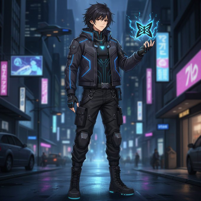The image features a man dressed in black clothing, standing in front of a city street with buildings behind him. The man has his arms raised above his head, holding up a butterfly-shaped object that appears to be glowing blue. The background includes various signs and advertisements for different businesses or establishments.