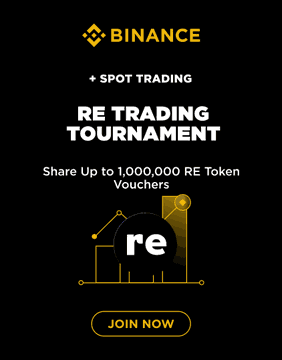 Binance promotional banner for a 'SPOT TRADING RE TRADING TOURNAMENT' offering 'Share Up to 1,000,000 RE Token Vouchers' with a yellow line graph graphic.