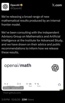 A screenshot of an OpenAI tweet announcing they've released new mathematical results from an internal frontier model, with the OpenAI logo and engagement metrics visible.