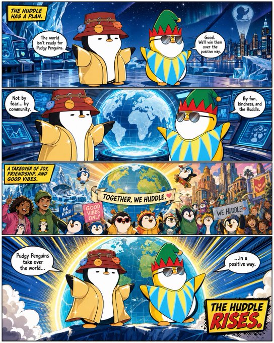 Comic strip titled 'THE HUDDLE HAS A PLAN' featuring penguin characters in hats planning to spread 'joy, friendship and good vibes', ending with 'THE HUDDLE RISES.'