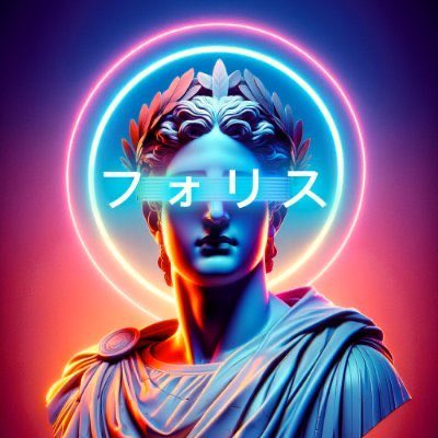 A neon-lit digital bust of a classical statue wearing a laurel wreath is displayed with Japanese katakana text "フォリス" (Foris) overlaid across the face, set against a glowing pink and blue circular backdrop. The vibrant, cyberpunk aesthetic with its bold neon rings visually echoes the "pumping" energy of the post about NYO.