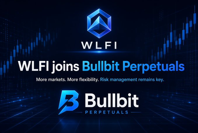 Promotional graphic featuring the WLFI and Bullbit Perpetuals logos with text 'WLFI joins Bullbit Perpetuals. More markets. More flexibility. Risk management remains key.'