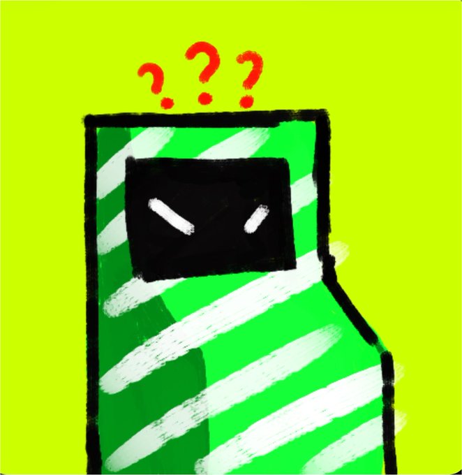 A digital drawing of a green rectangular character with white diagonal stripes and a dark screen face with question marks above its head.