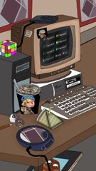 A cartoon-style illustration depicts a retro computer workstation with a CRT monitor, keyboard, and various small items like a Rubik's cube and pet food on the desk.