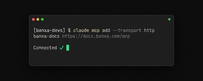 A terminal window showing the command 'claude mcp add --transport http banxa-docs https://docs.banxa.com/mcp' followed by 'Connected ✓'.