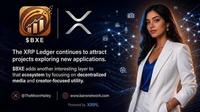 A promotional graphic for "$BXE" on the XRP Ledger, featuring a woman in a white suit, text about decentralized media and creator-focused utility, and the handle @TheMoonHailey.