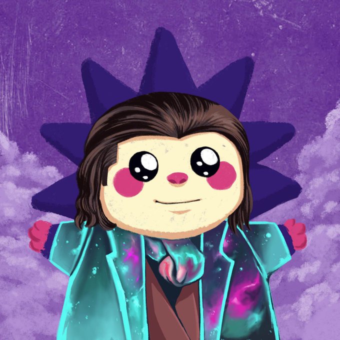 A stylized chibi-like character with large expressive eyes, pink cheeks, and long brown hair is shown wearing a vibrant cosmic-patterned coat against a purple starburst background. The cartoonish, plush-toy aesthetic aligns with the post's reference to "chog NFTs," suggesting this is a preview of a unique NFT collection being used as a profile picture.