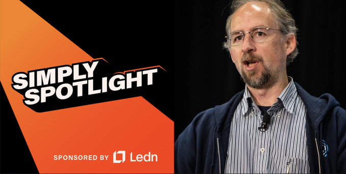A thumbnail-style graphic featuring a man with glasses speaking, with bold text "SIMPLY SPOTLIGHT" and "SPONSORED BY Ledn."