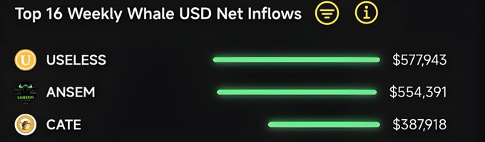 A chart titled 'Top 16 Weekly Whale USD Net Inflows' showing tokens USELESS ($577,943), ANSEM ($554,391), and CATE ($387,918) with green progress bars.