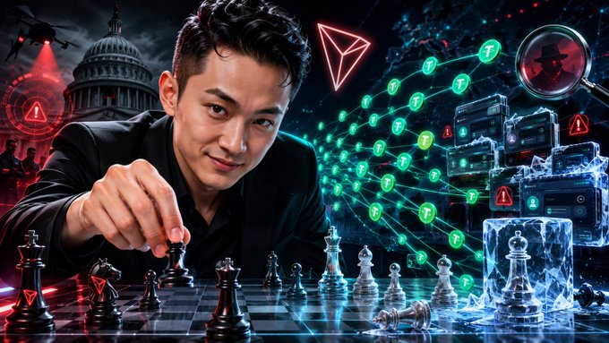 The image depicts a young man (resembling Justin Sun) strategically playing chess against a backdrop featuring the Tron (TRX) logo, a government building, and cryptocurrency wallets—visually representing the post's description of Justin Sun exploiting a loophole to have sanctioned HTX wallets send small USDT amounts to major exchanges like Coinbase and Binance.