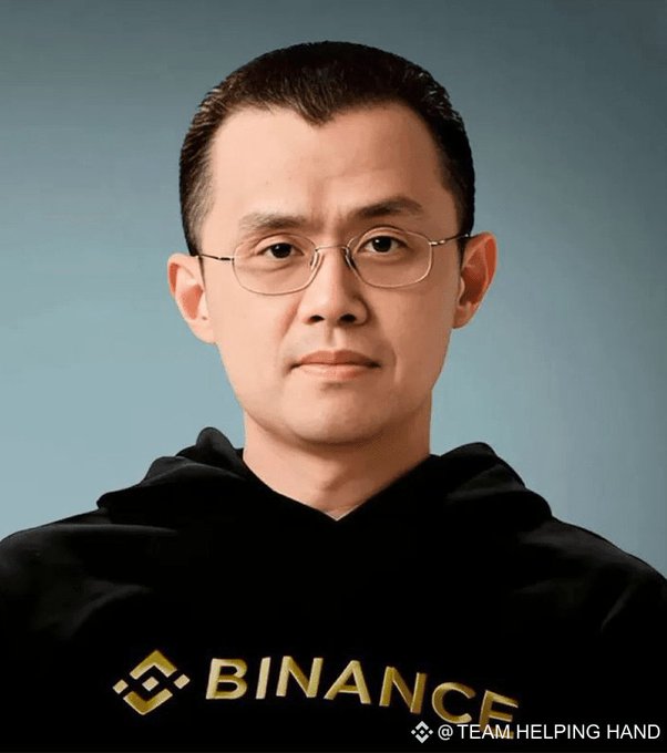 The image shows a digitally stylized portrait of a man wearing glasses and a black hoodie featuring the Binance logo and text. The caption at the bottom reads "@TEAM.HELPING HAND," suggesting this is a modern, branded representation of a former Binance employee.