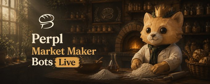 The image features a charming cat wearing a crown in a cozy bakery setting with the text "Perpl Market Maker Bots Live," visually tying into the announcement that market maker bots for @perpltrade are now publicly available to try at perpl.breadsbakery.xyz.