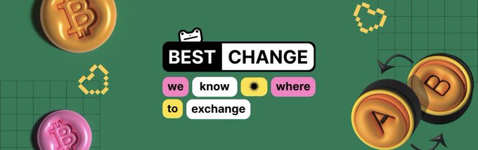 A promotional graphic for 'BEST CHANGE' cryptocurrency exchange service with the tagline 'we know where to exchange,' featuring Bitcoin and altcoin coins on a green background.