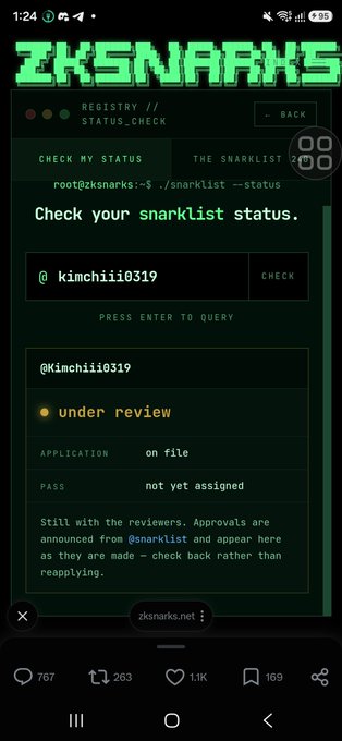 A mobile screenshot showing a terminal-style status check page on zksnarks.net for user @kimchiii0319, displaying 'under review' with application 'on file' and pass 'not yet assigned'.