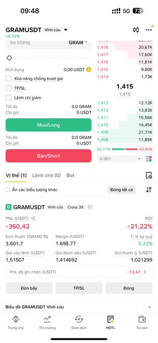 A Binance trading app screenshot showing the GRAM/USDT pair with a price of 1.415 USDT, displaying order book and trading options including 'Mua/Long' and 'Bán/Short'.