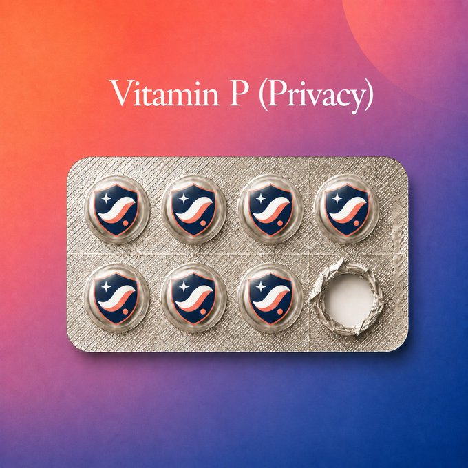 A blister pack labeled "Vitamin P (Privacy)" contains seven shield-emblem pills and one empty torn compartment, playfully framing digital privacy protection as a daily supplement. The image visually echoes the post's message that safeguarding personal data offers peace of mind like a wellness boost.