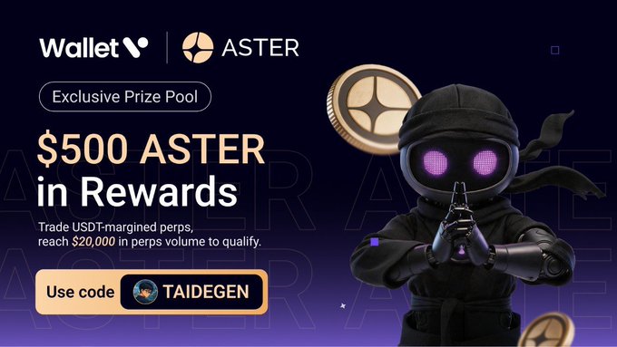 A promotional banner for Wallet and ASTER offering an 'Exclusive Prize Pool' of '$500 ASTER in Rewards' for USDT-margined perps trading reaching $20,000 in volume, with promo code 'TAIDEGEN' and a ninja-like mascot character.
