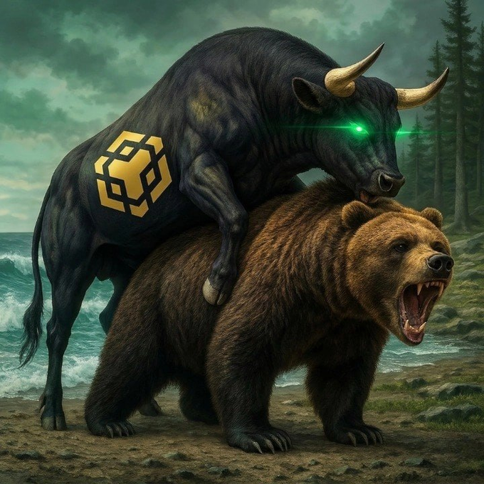 A black bull with glowing green eyes and a gold Binance (BNB) logo branded on its side stands mounted on a roaring brown bear on a stormy coastline, symbolizing BNB's bullish dominance over the bearish crypto market.