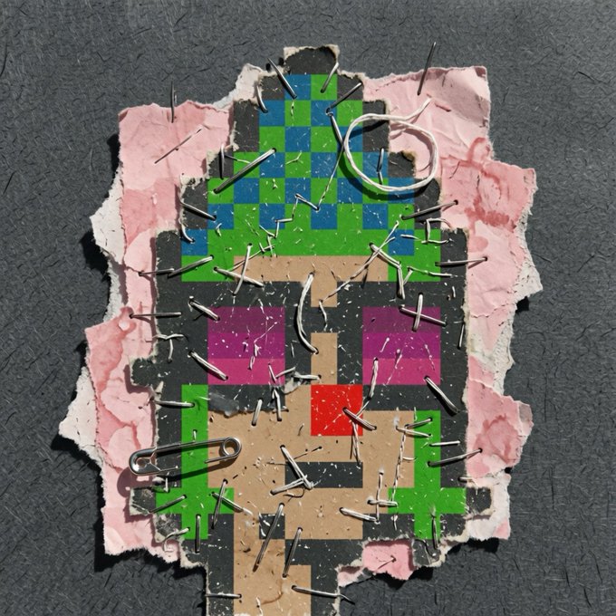 A pixel art character with green hair and purple sunglasses rendered on torn pink paper, attached with staples and a paperclip to a dark gray surface.