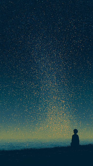An artistic illustration of a silhouetted person sitting alone on the edge of land against a starry night sky, gazing up at a dense, glittering cluster of stars forming a constellation above them.