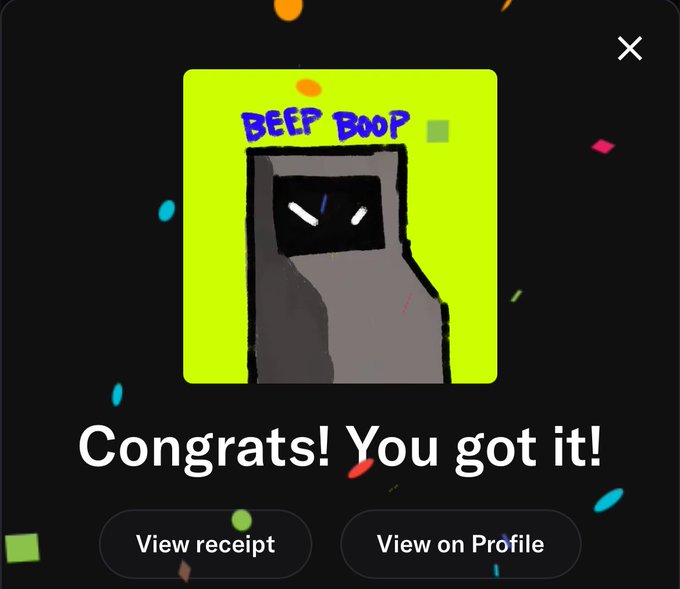 Mobile app success notification showing 'Congrats! You got it!' message with a 'BEEP BOOP' NFT image featuring a gray robot character on a yellow-green background, with options to 'View receipt' or 'View on Profile' amid colorful confetti.