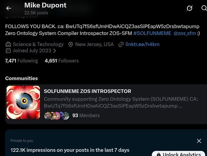 A Twitter/X profile page for 'Mike Dupont' with the bio 'FOLLOWS YOU BACK. ca: BwUTq7fS6sfUmHDwAiCQZ3asSiPEapW5zDrsbwtapump Zero Ontology System Compiler Introspector ZOS-SFM #SOLFUNMEME @zos_sfm :)' and a community called 'SOLFUNMEME ZOS INTROSPECTOR'.