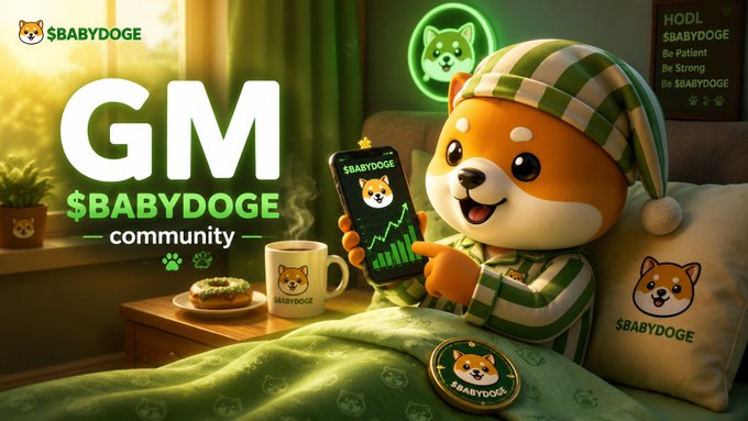 A cartoon Shiba Inu dog in green striped pajamas holds a phone displaying "$BABYDOGE" with a green chart, sitting in a cozy bedroom with "$BABYDOGE community" text, a "GM" greeting, and a "HODL: Be Patient, Be Strong, Be $BABYDOGE" sign—visually matching the "gm CT family especially those holding $BABYDOGE" post by warmly welcoming holders to the community.