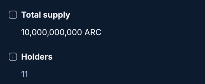 A cryptocurrency information panel displaying 'Total supply: 10,000,000,000 ARC' and 'Holders: 11'.