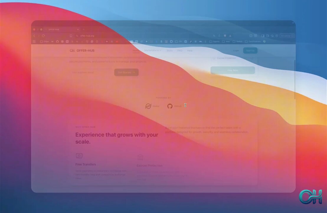 The image shows an open computer screen displaying a webpage with a red background featuring a white border. The text on the page reads "Experience that grows with your ecosystem." This message appears to be related to the OfferHub platform, which is designed for freelancers to create and manage their own freelance marketplace. The post also mentions that payments are guaranteed by code rather than trust, emphasizing the secure nature of the platform.
