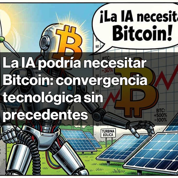 A comic-style illustration shows a robot with a Bitcoin symbol for a head standing in front of solar panels and a wind turbine, with a speech bubble declaring "¡La IA necesita Bitcoin!" alongside a price chart showing BTC values from -30% to +500%. The Spanish text overlay reads "La IA podría necesitar Bitcoin: convergencia tecnológica sin precedentes," visually reinforcing the post's thesis about AI and Bitcoin merging to reshape the global economy through energy and finance sectors.