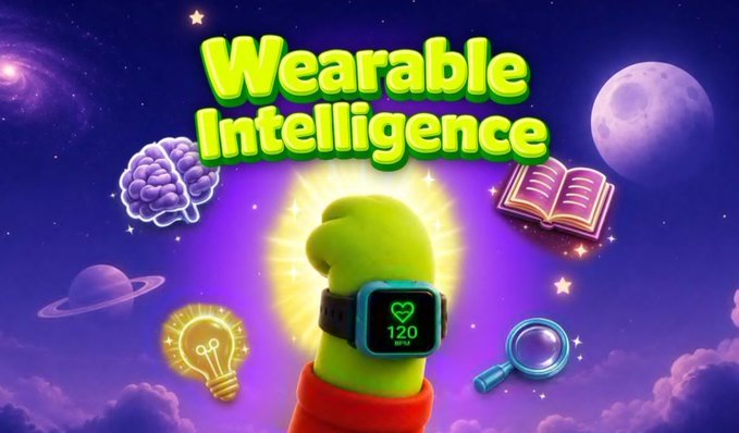 A vibrant promotional graphic titled "Wearable Intelligence" featuring a green hand wearing a smartwatch displaying a heart rate of 120 BPM, surrounded by floating icons of a brain, book, lightbulb, and magnifying glass.