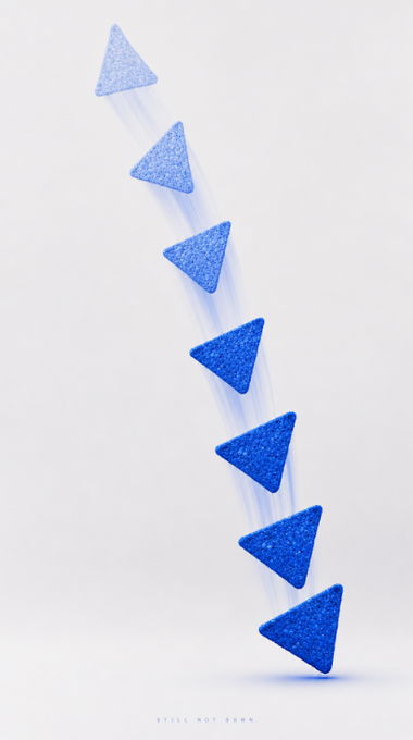 A sequence of seven triangles cascades diagonally across a white background, transitioning in color from light blue at the top to deep blue at the bottom, with the text "STILL NOT DOWN" visible at the bottom edge. The image visually reinforces the post's message about "the season of BASE turning blue" for $BLUE CHIP, symbolizing a downward progression or intensified "blue" momentum for the token.