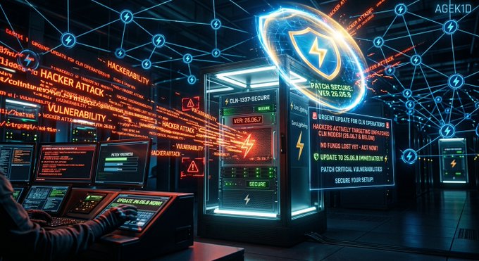 A cyberpunk-style data center scene with red hacker attack warnings, blockchain networks, and a central terminal running a 'PATCH SECURE v2.06.9' update.