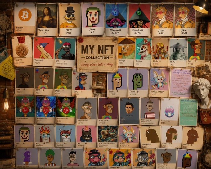 A wall display of various NFTs labeled "MY NFT COLLECTION: Every piece tells a story," featuring recognizable pieces like Bitcoin, Mona Lisa, Pudgy Penguins, BAYC, Mecha, and CryptoPunks, illustrating the diverse digital assets collected by TRON ecosystem members and prompting reflection on the personal value of their first NFT acquisitions.