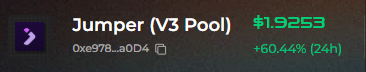 Screenshot showing 'Jumper (V3 Pool)' token priced at $1.9253, up +60.44% in 24 hours, with contract address 0xe978...a0D4.