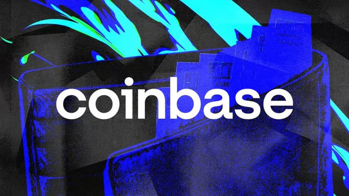 The image features the "coinbase" logo prominently displayed in white text against a stylized blue and black graphic background, illustrating the article about the cryptocurrency exchange naming a new chief technology officer.