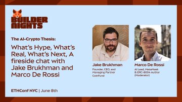 The image features a poster or banner that displays two men's faces against a blue background, with the text "Builder Nights" written above them. The poster also includes information about an event called "The Al-Crypto Thesis", which is scheduled for June 8th at 6 pm. The event aims to discuss and explore the concept of cryptocurrency and its implications in various fields such as finance, technology, and security.