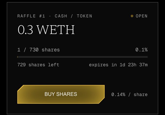 A digital interface showing 'RAFFLE #1 · CASH / TOKEN' for '0.3 WETH' with 1 / 730 shares sold and a 'BUY SHARES' button.