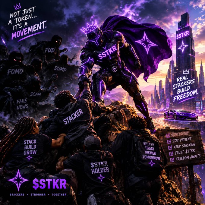 A promotional graphic for the cryptocurrency token "$STKR" featuring a superhero-like figure in purple armor with a cape leading followers past shadowy figures labeled FUD, FOMO, DUMP, and FAKE NEWS, with text including "NOT JUST A TOKEN... IT'S A MOVEMENT," "REAL STACKERS BUILD FREEDOM," and "STACKERS. STRONGER. TOGETHER."