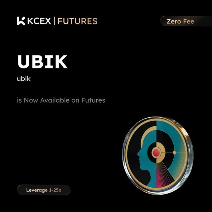 A promotional graphic for KCEX FUTURES announcing that 'UBIK is Now Available on Futures' with zero fees and 1-25x leverage.