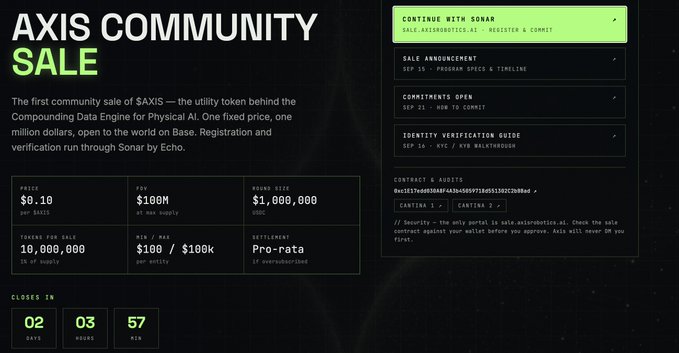 A webpage for the 'AXIS COMMUNITY SALE' on Sonar, displaying details for the $AXIS utility token. It shows a price of $0.10, FDV of $100M, 10,000,000 tokens for sale, a 1,000,000 raise size, and a countdown timer of 2 days, 3 hours, 57 minutes remaining.