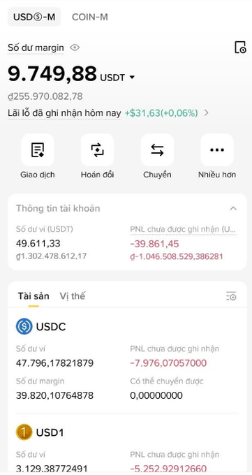 A cryptocurrency trading account dashboard in Vietnamese showing a USDⓈ-M margin balance of 9,749.88 USDT with account information for USDC and USD1 assets.