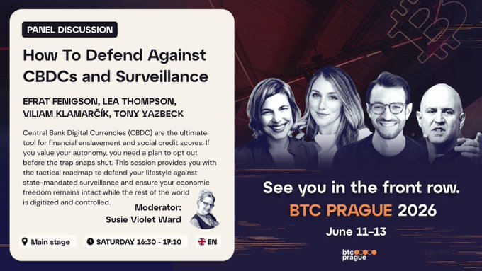 The image features a poster for an event titled "How to Defend Against CBDCs and Surveillance". The poster includes four people's faces, each representing a different perspective or role related to the topic of discussion. The first person on the left side is a woman with short hair wearing glasses, while the second person is a man in a suit. The third person is a woman with long hair, and the fourth person is another man who appears to be balding. They are all standing together against a backdrop that includes text about CBDCs and surveillance.