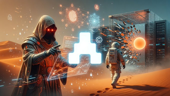 A stylized sci-fi illustration showing a hooded figure with glowing red eyes, an astronaut, a server rack, and a glowing digital padlock on a desert landscape.