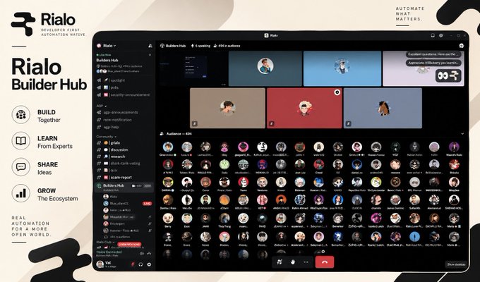 A promotional graphic for 'Rialo Builder Hub' featuring a Discord interface with multiple voice chat rooms and an audience grid of user avatars, alongside messaging 'BUILD Together, LEARN From Experts, SHARE Ideas, GROW The Ecosystem.'
