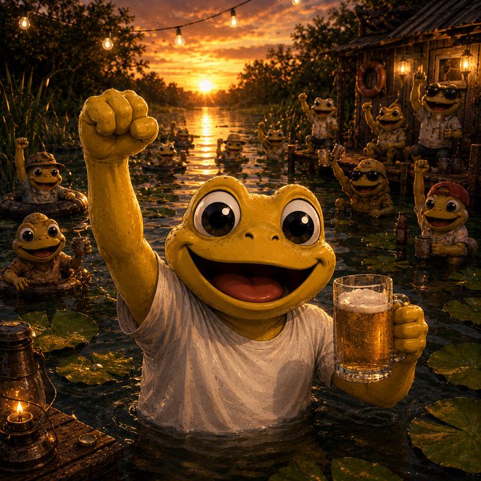 A whimsical AI-generated image of an anthropomorphic frog wearing a white shirt, raising a fist triumphantly while holding a beer mug, surrounded by other frogs at a lakeside bar at sunset.