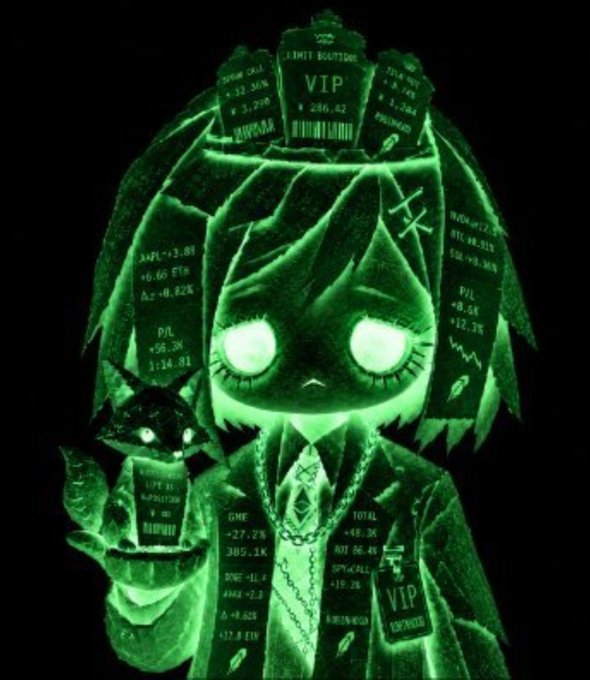 Green-tinted stylized illustration of an anime-style character with glowing eyes, wearing a suit, surrounded by floating VIP boutonniere tickets and stock market data panels.